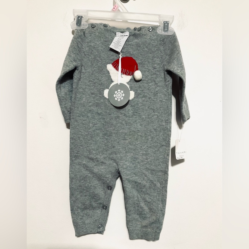 Tahari baby knit gray Christmas onesie 3-6 months. New.